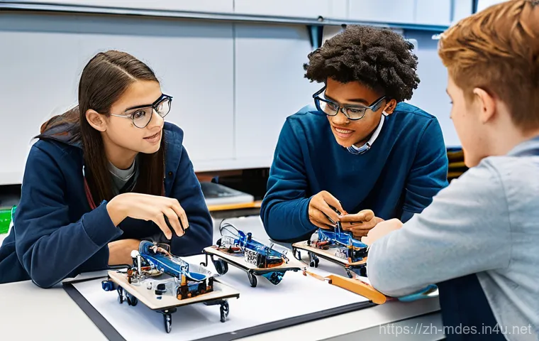 기계설계 강의 계획서 작성법 - **Prompt: "A small, dedicated team of mechanical engineering students, comprising individuals of var...