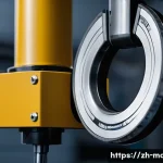 기계설계에서 꼭 알아야 할 재료 특성 - A close-up, highly detailed shot of a heavy-duty, meticulously engineered crane hook made from a hig...