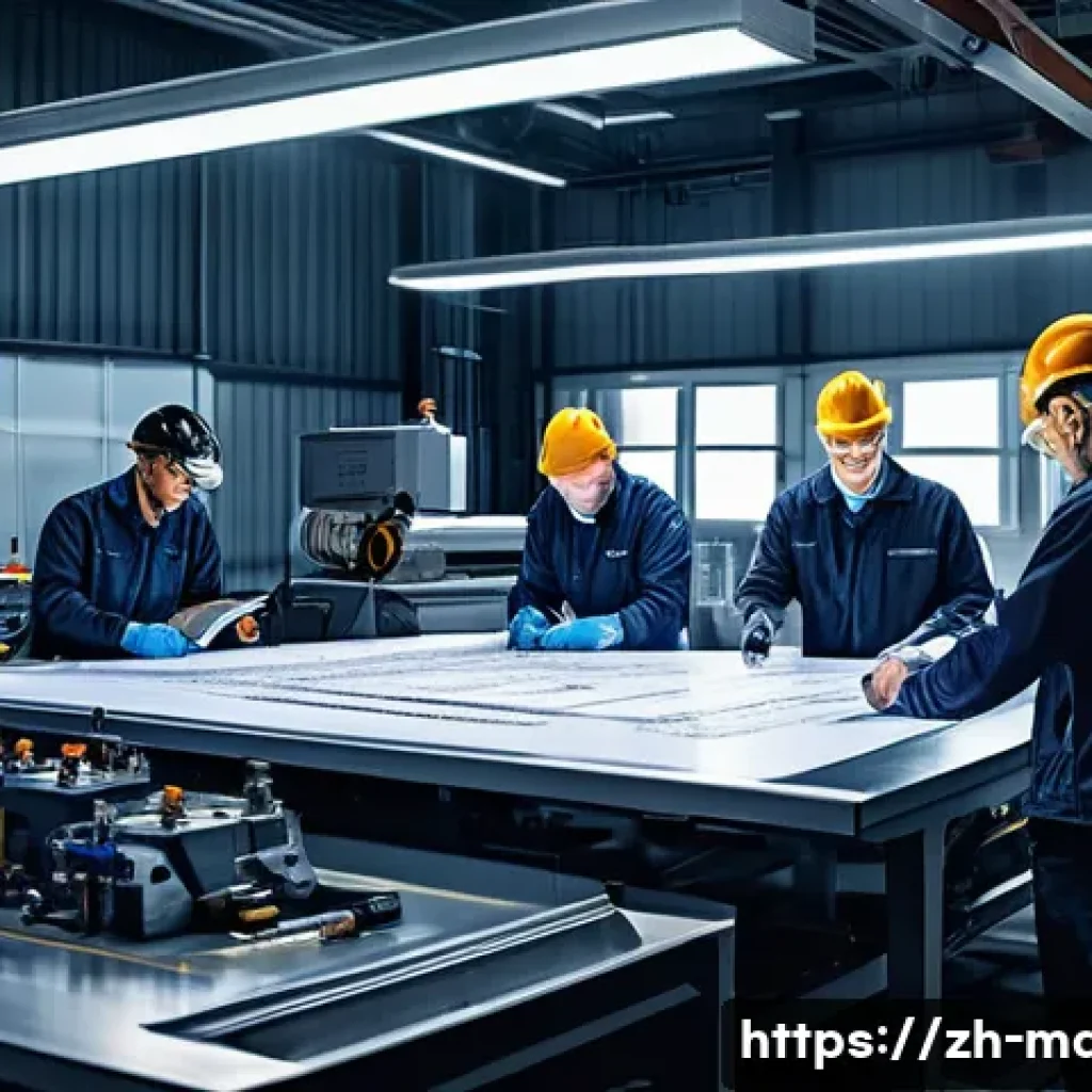 기계설계 실무에서 자주 쓰이는 용어 - A detailed engineering workshop scene showing a diverse team of professionals collaborating over a l...