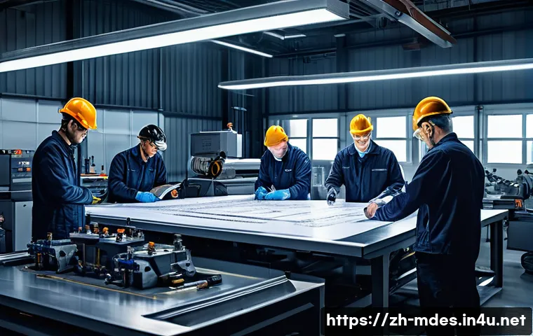 기계설계 실무에서 자주 쓰이는 용어 - A detailed engineering workshop scene showing a diverse team of professionals collaborating over a l...