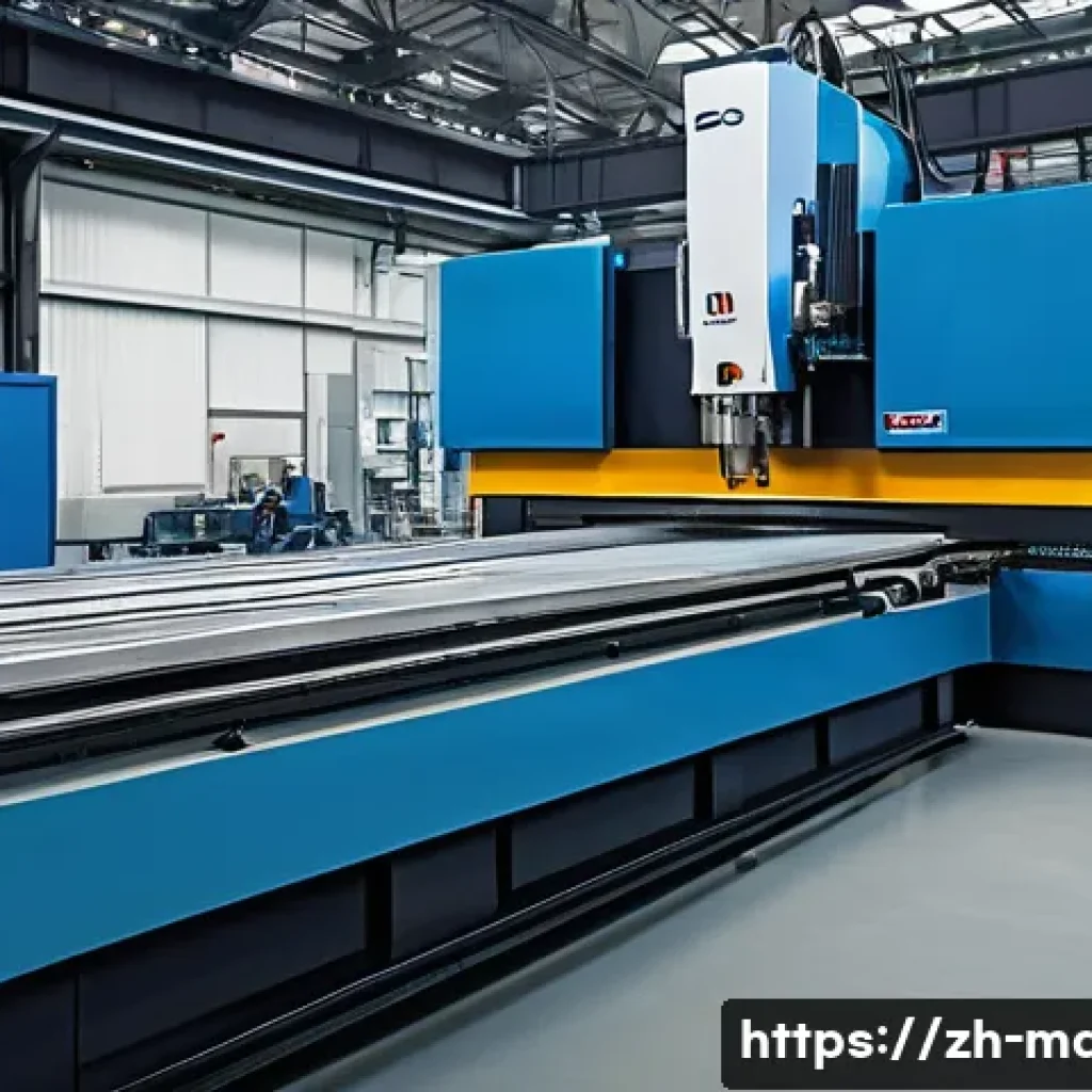 기계설계 기초부터 전문가까지의 경로 - A highly detailed industrial workshop scene showcasing a large gantry-type machine tool in operation...
