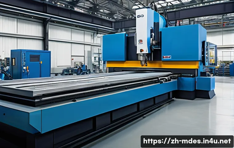 기계설계 기초부터 전문가까지의 경로 - A highly detailed industrial workshop scene showcasing a large gantry-type machine tool in operation...