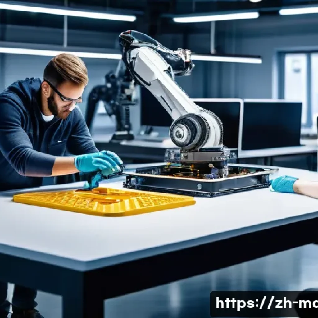 기계설계 시제품 제작 과정 - A detailed engineering workshop scene showing a team of diverse professionals collaborating on desig...