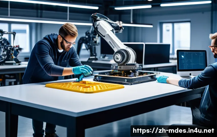 기계설계 시제품 제작 과정 - A detailed engineering workshop scene showing a team of diverse professionals collaborating on desig...