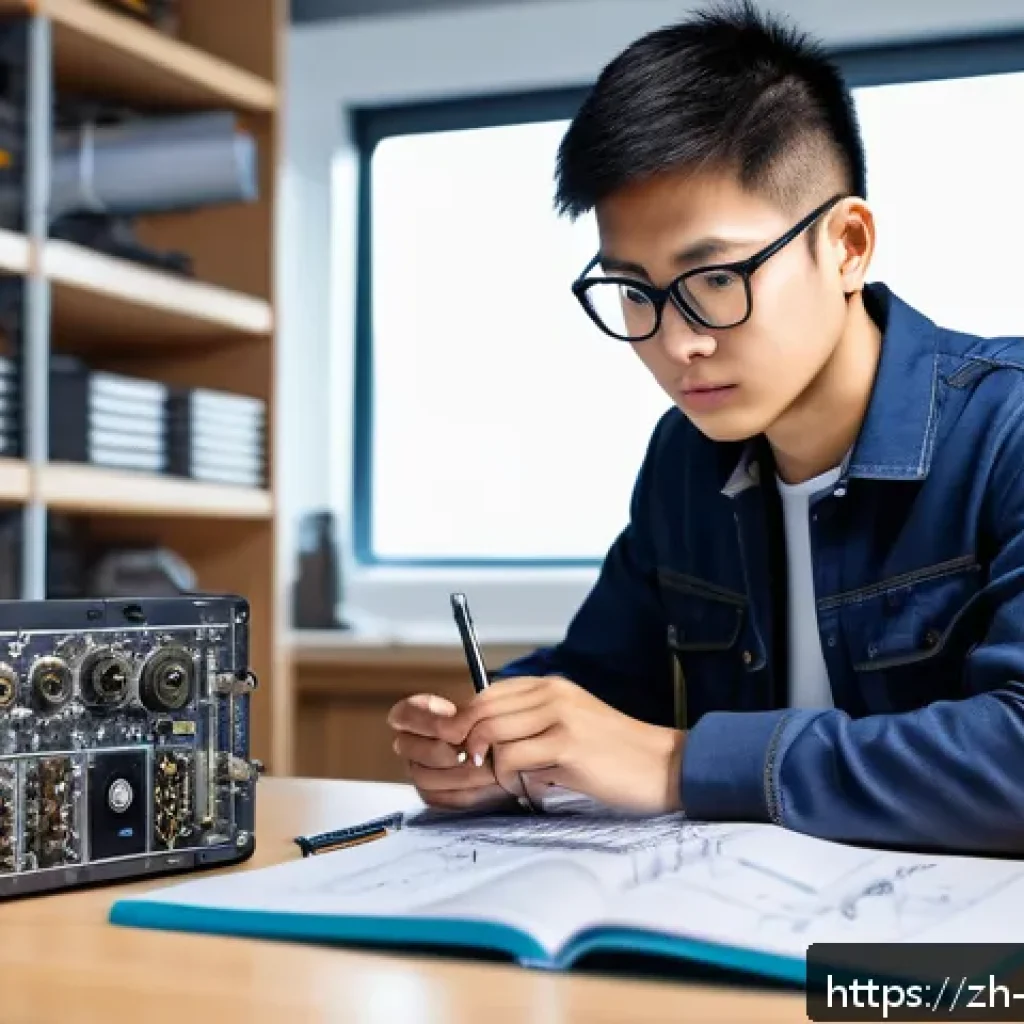 기계설계 학습 로드맵 - A detailed mechanical engineering workspace scene featuring a young engineer studying mechanical des...