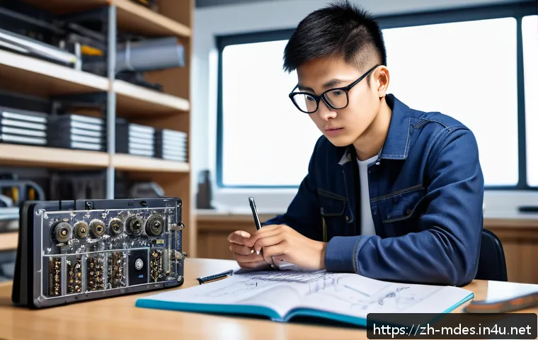 기계설계 학습 로드맵 - A detailed mechanical engineering workspace scene featuring a young engineer studying mechanical des...