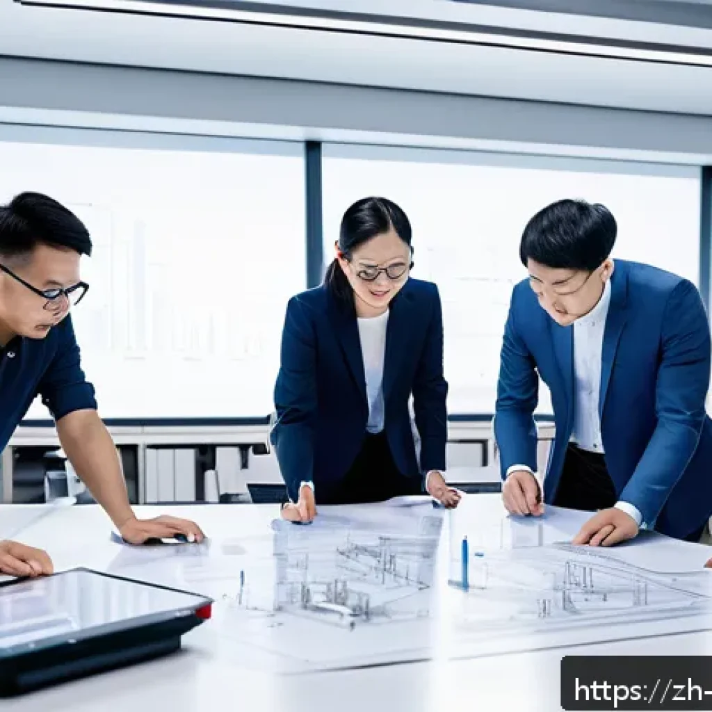 기계설계로 특허 내는 방법 - A modern mechanical engineering design office scene featuring a diverse team of engineers and design...