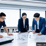 기계설계로 특허 내는 방법 - A modern mechanical engineering design office scene featuring a diverse team of engineers and design...