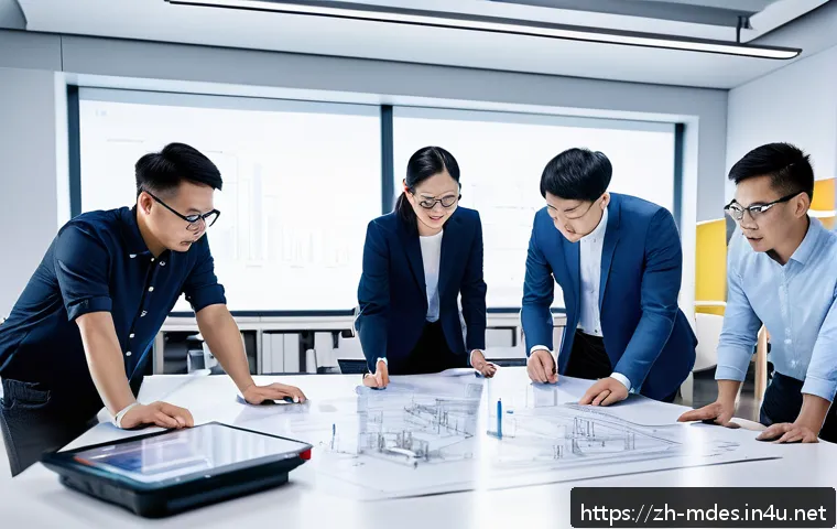 기계설계로 특허 내는 방법 - A modern mechanical engineering design office scene featuring a diverse team of engineers and design...