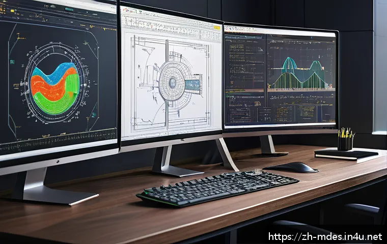 기계설계 도면 작성 실수 방지법 - A highly detailed mechanical engineering workspace featuring a large computer screen displaying a co...