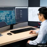 기계설계 취업 준비 전략 - A highly detailed engineering workspace featuring a mechanical designer at a desk, skillfully workin...