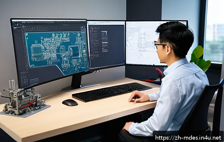 기계설계 취업 준비 전략 - A highly detailed engineering workspace featuring a mechanical designer at a desk, skillfully workin...