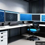 기계설계 학습 필수 과목 - A highly detailed engineering workspace featuring a mechanical designer&rsquo;s desk with multiple CAD mon...