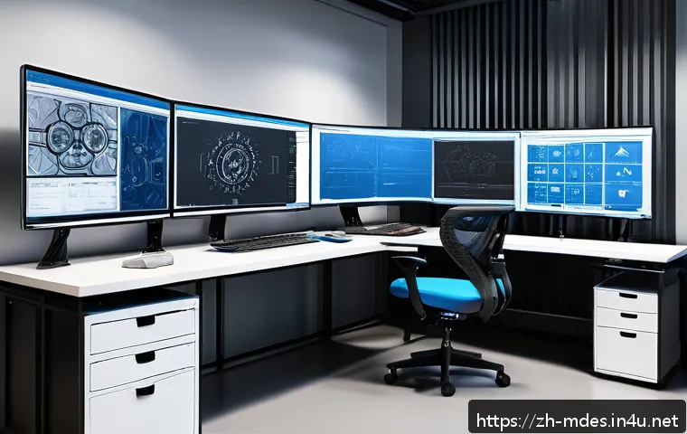 기계설계 학습 필수 과목 - A highly detailed engineering workspace featuring a mechanical designer&rsquo;s desk with multiple CAD mon...